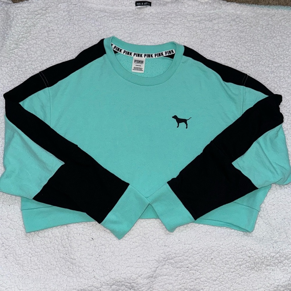 PINK Victoria’s Secret Mint Green & Black Sweatshirt Crop Top